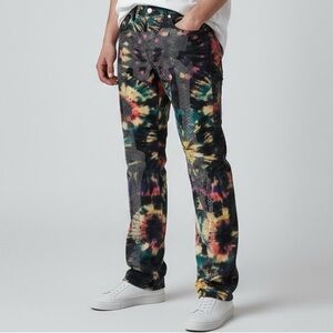 MNML Multi Color Tie-Die Skelton Rhinestone Button Fly Denim Jeans